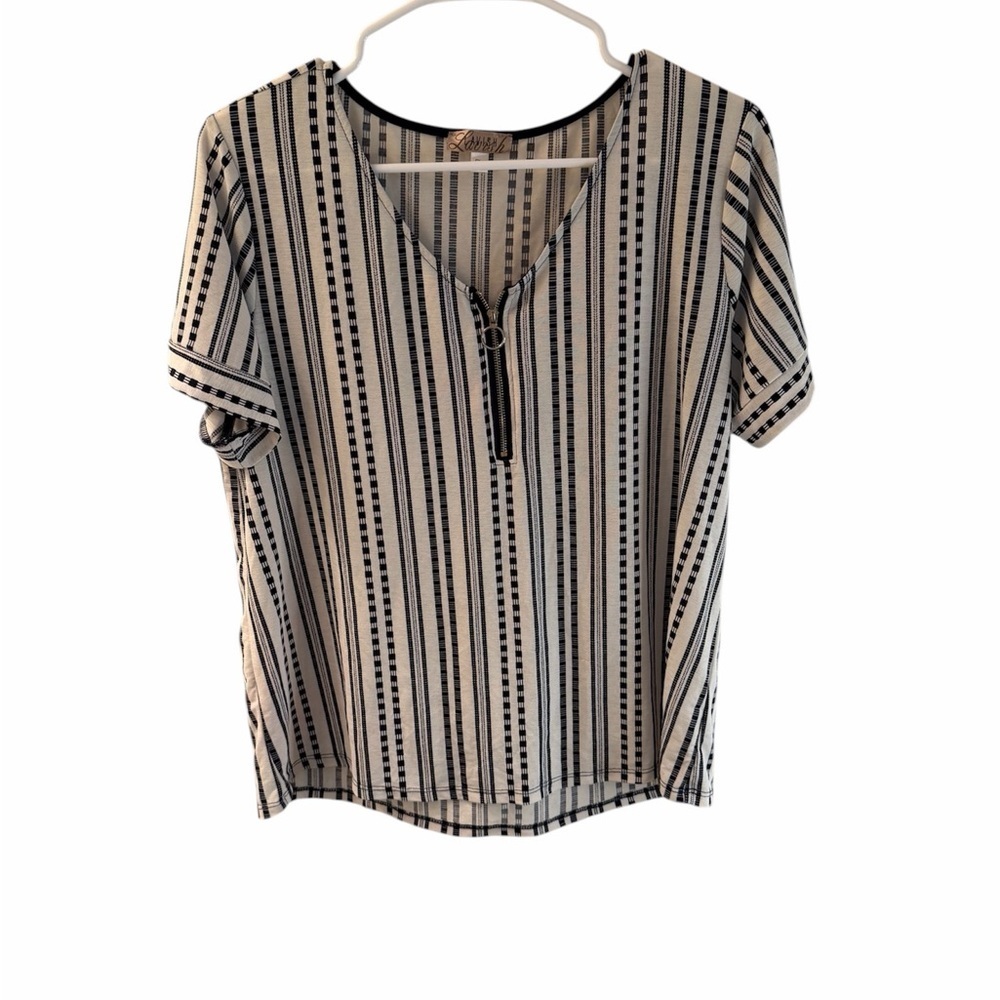 Lavish Black & White Striped V-Neck Zip Front Blouse